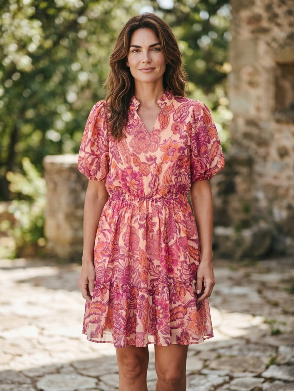 Periwinkle by Barlow Peach and Magenta Floral Puff-Sleeve Dress